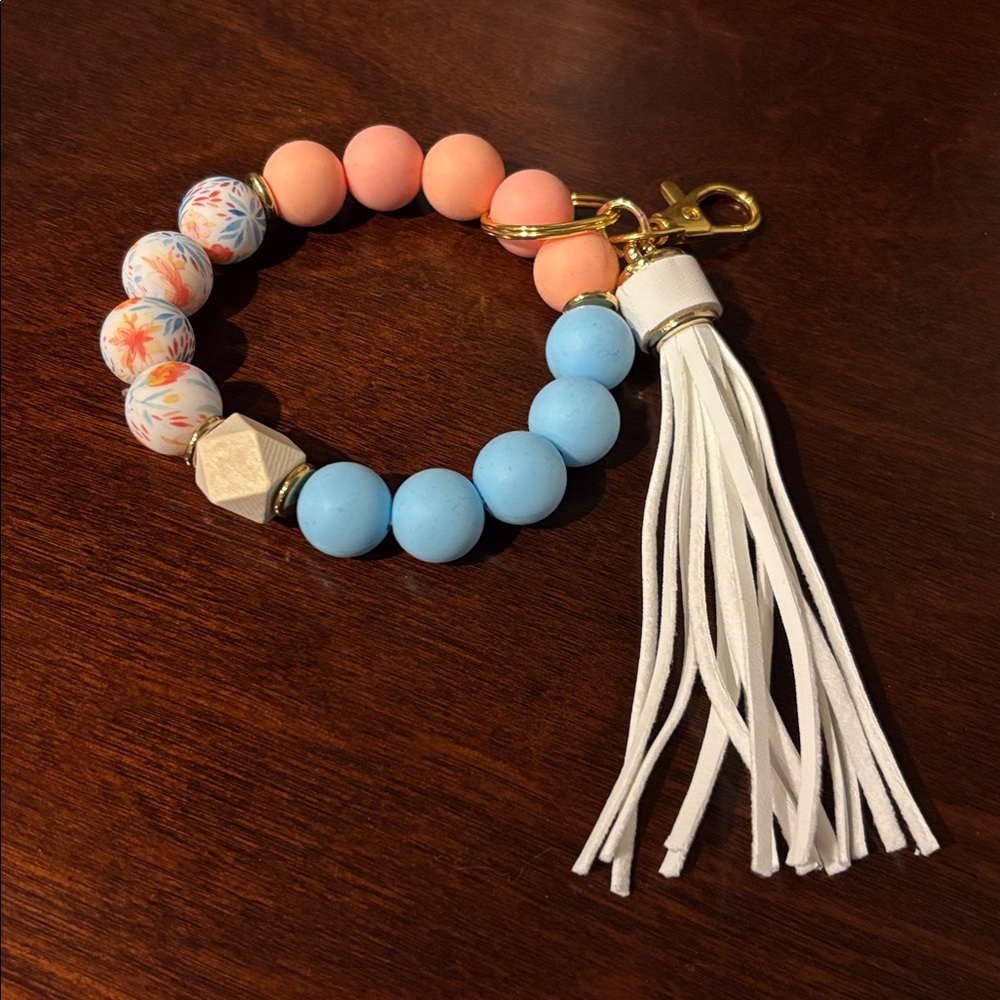 Silicone Beaded Bracelet Keychain with Tassel